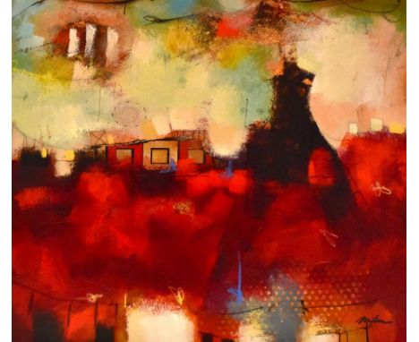 JOHN &amp; ELLI MILAN; oil on board, 'Red Depths I', abstract composition, signed lower right, 30 x 30cm, framed.Additional I