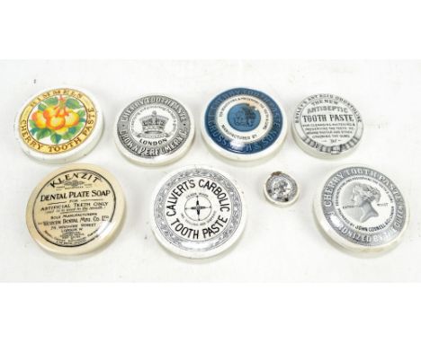 Eight Victorian ceramic circular toothpaste jar covers with varied transferred details (8).Additional InformationVaried wear 