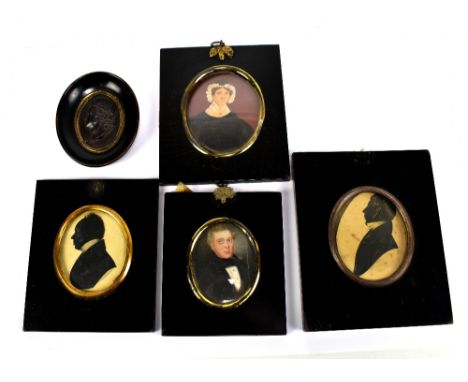 19TH CENTURY ENGLISH SCHOOL; an oval portrait miniature of a woman wearing a black dress, unsigned, a further portrait miniat