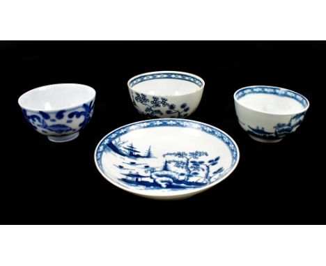 WORCESTER; an 18th century porcelain tea bowl and saucer decorated in underglaze blue with chinoiserie landscape and with cre