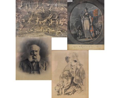 JOHN; charcoal sketch, mother and child, signed lower right, 23 x 15.5cm, a George III engraving, 'Britannia', a black and wh