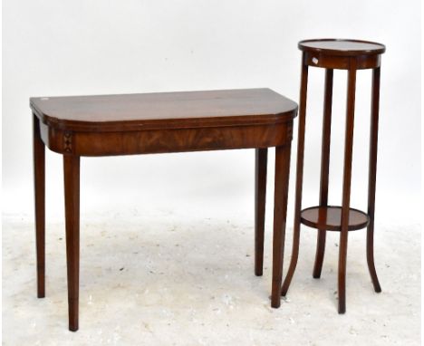 An Edwardian mahogany inlaid tea table (for restoration), 74.5 x 90cm when extended, and a two tier jardinière stand, 95 x 31