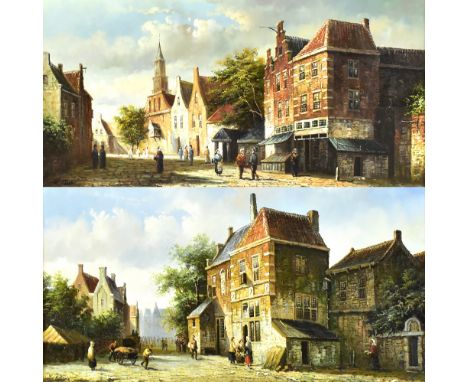 K ADAMS; a pair of oils on board, contemporary Dutch landscapes in the 18th century manner, both signed, 20 x 40cm, framed (2