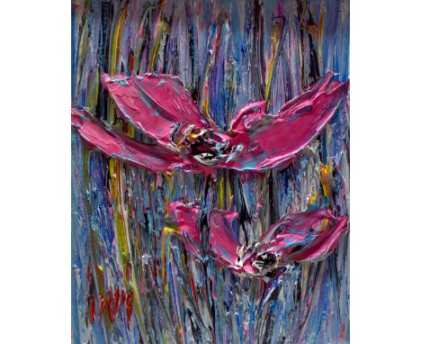 CARL SCANES; oil on canvas 'Pink Osteospermum II', bright abstract flowers, signed lower left, 35 x 27cm, framed. (D)Addition