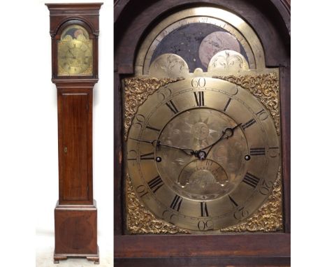 GEORGE GOODALL OF ABERFORD; a George III mahogany longcase clock, the moulded cornice above domed brass moon phase dial set w