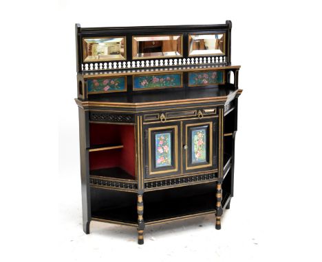 LAMB OF MANCHESTER; an Aesthetic Movement ebonised sideboard with three later painted panels above central drawer and two pai