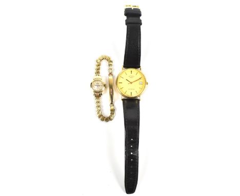 ROTARY; a gentleman's 9ct yellow gold cased wristwatch, the dial set with baton numerals and date aperture, inscribed to reve