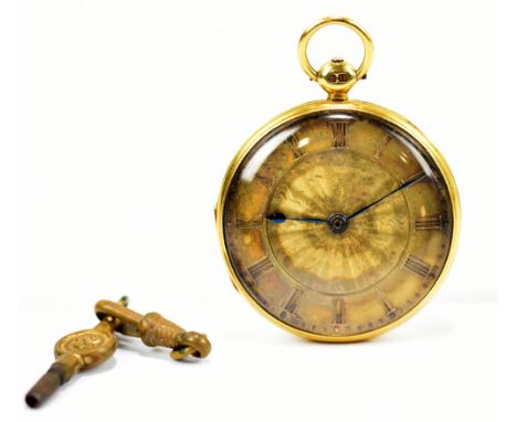 An 18ct yellow gold open face pocket watch, the circular dial set with Roman numerals, with engine turned back plate, diamete