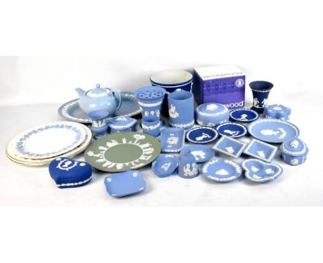 WEDGWOOD; a quantity of jasperware including teapot, trinket boxes, dishes, etc.