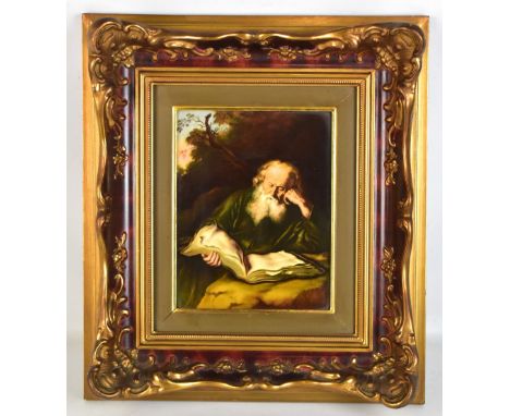 ROSENTHAL; a rectangular porcelain plaque depicting 'The Hermit' after Saloman Koninck, printed marks and titled in German to