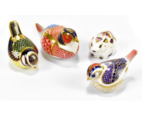 ROYAL CROWN DERBY; four paperweights comprising pheasant (lacking stopper), bank vole (with gold stopper) and two birds (one 