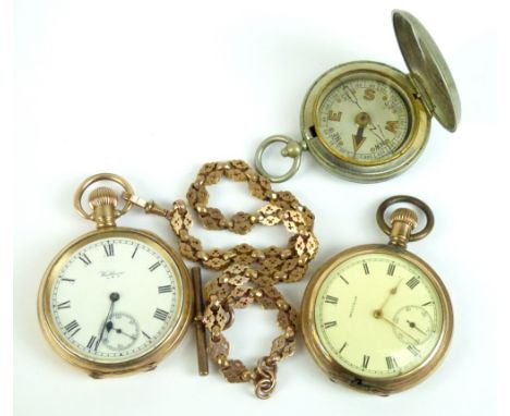 WALTHAM; two gold plated open face crown wind pocket watches, the circular dial set with Roman numerals and subsidiary second