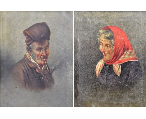 UNATTRIBUTED; a small pair of Dutch oils on canvas, study of a gentleman smoking a pipe and a lady wearing a headscarf, unsig