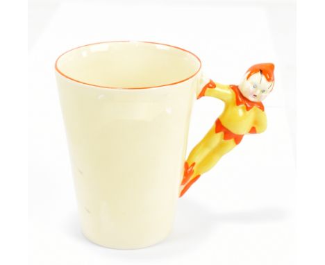 CLARICE CLIFF FOR WILKINSON LTD; a single mug of tapered form with pixie handle, printed marks to base, height 9.5cm.Addition
