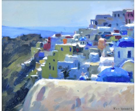 KEN HOWARD OBE RA (born 1932); oil on artist's board, Continental roof top landscape, signed, 25 x 29cm, framed. (D)Additiona