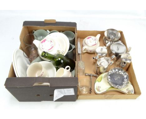 A group of railway ceramics and silver plated items to include an L.M.S. dining cars teapot marked July 1939, an L.M.S corksc