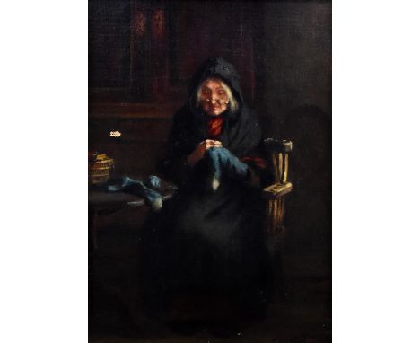 T M EWAN (or McEwan, 19th century British school); oil on canvas, study of an elderly lady in black coat knitting, signed low
