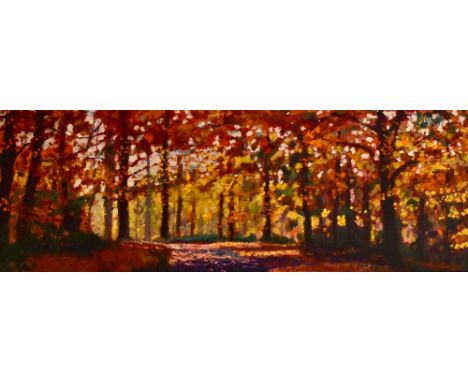 TIMMY MALLETT; oil on canvas, 'Autumn Adventure', rich, colourful landscape, 30 x 78cm, framed. (D)Additional InformationThis