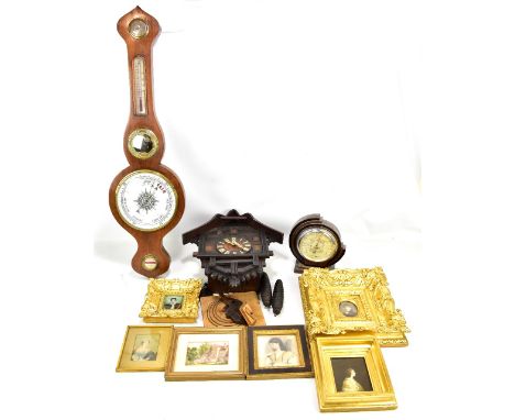 A late 19th century walnut five dial wheel barometer, a Short &amp; Mason of London 'Stormoguide', a cuckoo wall clock and va