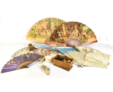 A collection of eleven 19th century and later assorted fans including bone examples (part af) and a Staunton boxwood chess se