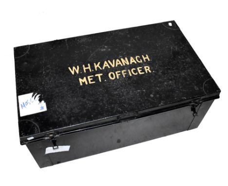 A black painted tin trunk inscribed with gilt lettering 'WH Kavanagh, Met Officer', width 88cm.