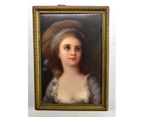 KPM; a 19th century hand painted plaque depicting a portrait bust of a maiden, impressed mark verso, 10&nbsp; x 7cm, framed.A