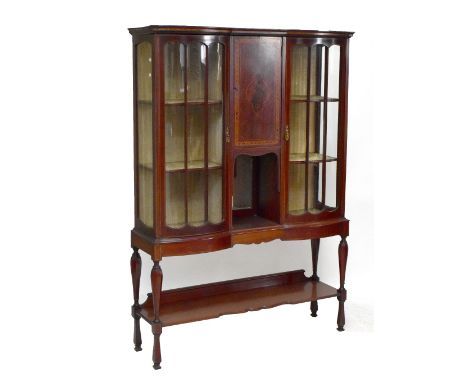 An Edwardian inlaid mahogany twin door display cabinet with two glazed doors flanked by central panel on raised column suppor