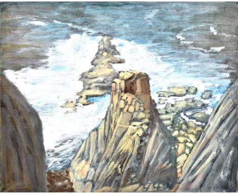 RODERICK THACKRAY; oil on canvas, 'Cornish Seascape Land's End', unsigned, artists details verso, 40 x 50.5cm, unframed.