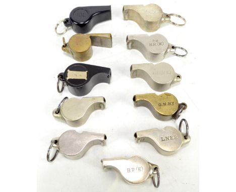 Eleven railway whistles comprising nine 'The Acme Thunderer' examples stamped for various train lines, a Hudson's patent 'The