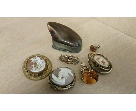 A horn snuff box, two swivel fobs, cameos etc.