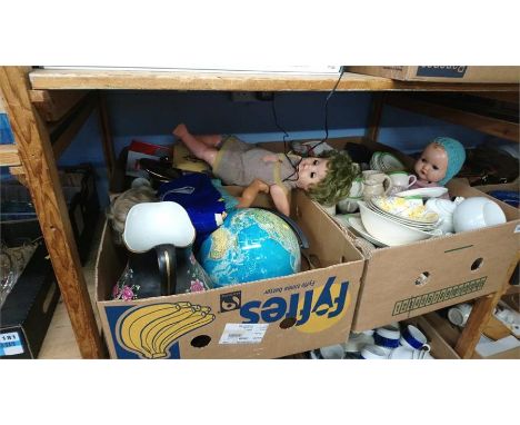 A shelf of assorted including dolls etc.