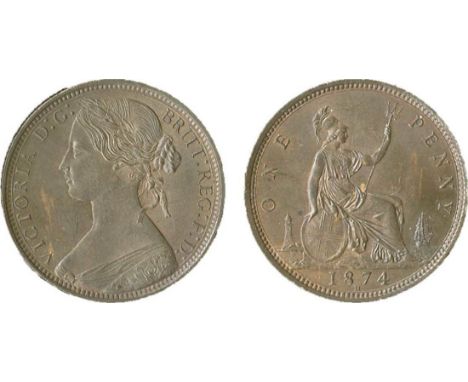 Great Britain. Victoria (1837-1901). Penny, 1874 H. Heaton. Die 6 + G. Young bust l., rev. Britannia seated r. F.66, P.1694, 
