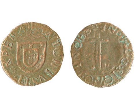 Portugal. Antonio I, "the Prior of Crato" (1580-1583). Copper 2 Reais. Angra. 1.72 gms. Crowned Arms, rev. Cross on mound. Go