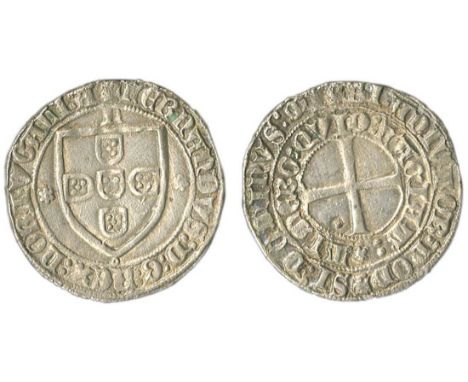 Portugal. Fernando I, "the Handsome" (1367-1383). Tornés de Escudo. Miranda. 3.19 gms. Shield with Arms, rosette either side,