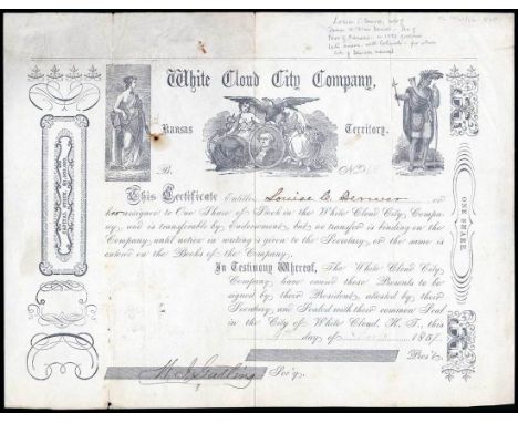 White Cloud City Company (Kansas Territory) July 1st, 1857. One share. No.68. George Washington flanked by two females. Liber