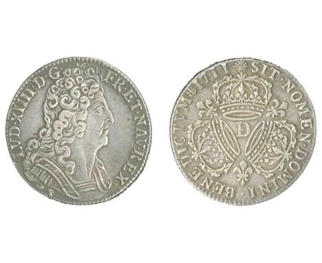 France. Louis XIV (1643-1715). Quarter Ecu, 1711 D. Lyon. Peruked and cuirassed bust right, rev. Triplex of crowns, mm at cen