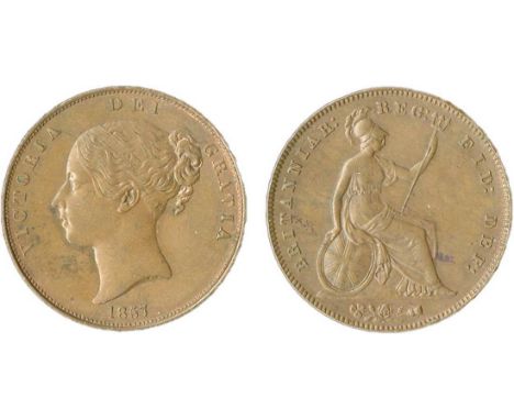 Great Britain. Victoria (1837-1901). Penny, 1857. Plain trident, plain top to bar of "7" in date. Young head l., rev. Britann