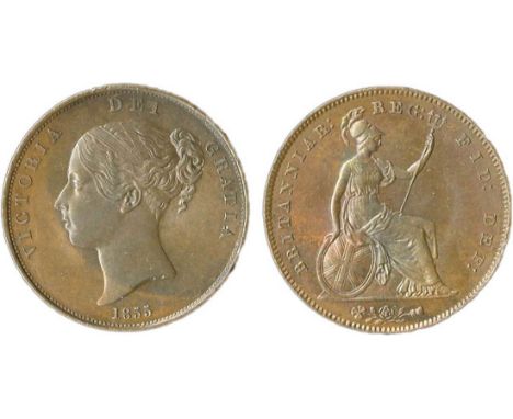 Great Britain. Victoria (1837-1901). Penny, 1855. Plain trident. Young head l., rev. Britannia seated r. P.1509, S.3948, KM 7