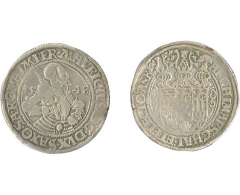 German States. Saxony. Moritz (1541-1553, elector after 1547). Taler, 1548. Armored, bare-headed, half-length figure right, s
