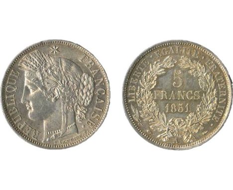 France. Second Republic. 5 Francs, 1851 A. Paris. Ceres-Liberté head by Oudine left, rev. Value and date within wreath. KM 76