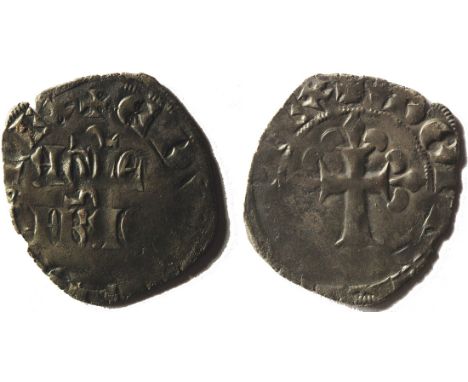 Anglo-Gallic. Edward III (1327-1362, 1372-1377). Black coinage. Double. 1.35 gms. AGLE FRAC in two lines in field, stretched 