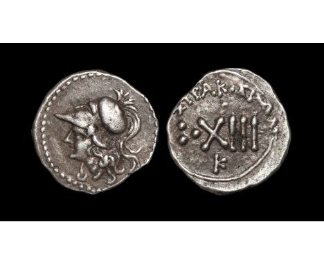 216-215 BC. Struck under Hieron II. Obv: head of Athena left, in crested Corinthian helmet. Rev: SURAKOSIWN legend above XIII