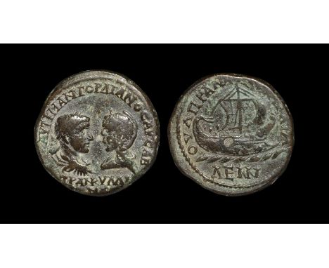 241-244 AD. Obv: AVT K M ANT GORDIANOC AVG CAB TRANKVLLINA legend with laureate, draped and cuirassed bust of Gordian right f