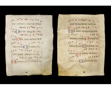 Italian, 16th century AD. A large vellum manuscript leaf with large display scrip and musical notation (neumes) on a four-bar