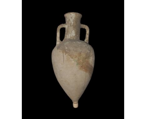 323-146 BC. A large ceramic amphora with narrow foot, conical lower body, deep shoulder, tall tubular neck with flared, chamf