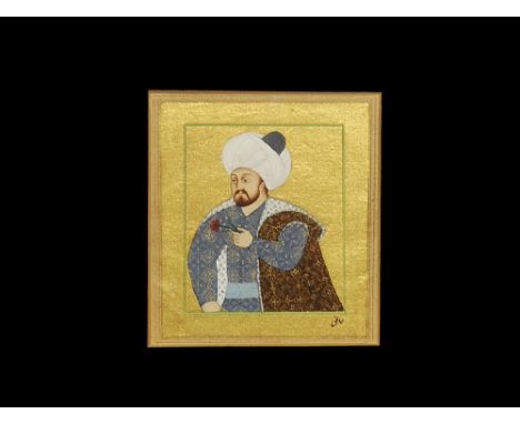19th century AD or earlier. A miniature portrait on a gold-coloured background within a green border; standing bearded male f