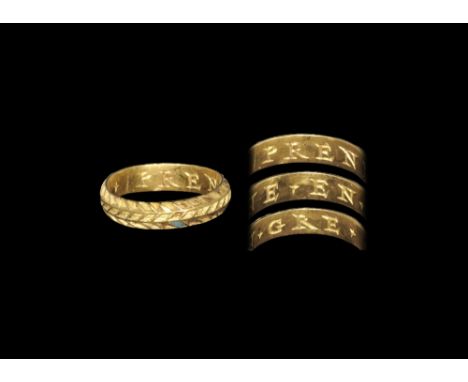 18th century AD. A small D-section hoop with herringbone pattern of cells to the outer face, some with remains of red and tur