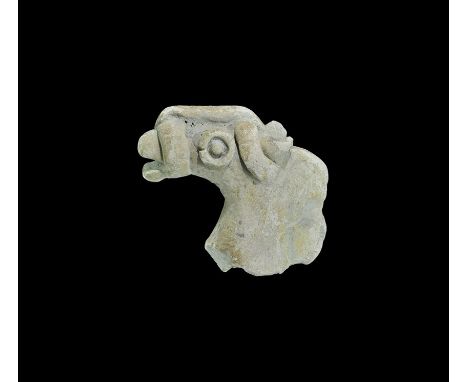 1st millennium BC. A head of a ceramic figurine depicting a horse with applied bridle elements, ring-and-pellet eyes, pinched