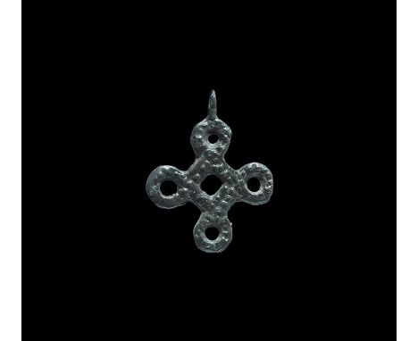 10th-12th century AD. A flat-section bronze Scandinavian type pendant formed as a cross of four loops with beaded detailing, 