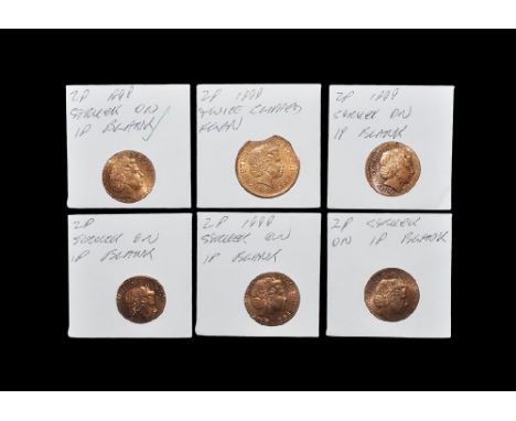 Dated 1999 AD. Group comprising: one 2p with two arc cuts to flan edge and five 2p on small, light flans (possibly struck on 